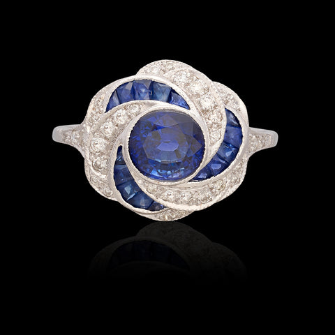Unique Art Deco Inspired Sapphire & Diamond 18k Ring