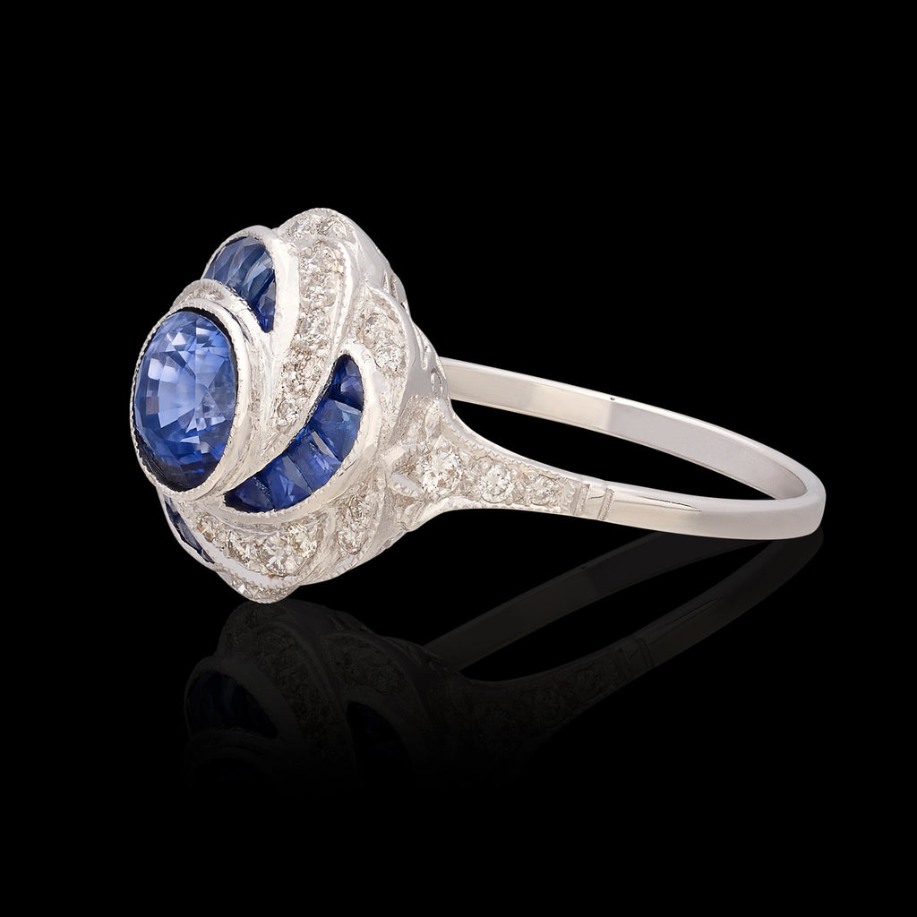 Unique Art Deco Inspired Sapphire & Diamond 18k Ring