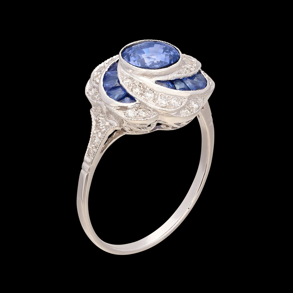 Unique Art Deco Inspired Sapphire & Diamond 18k Ring