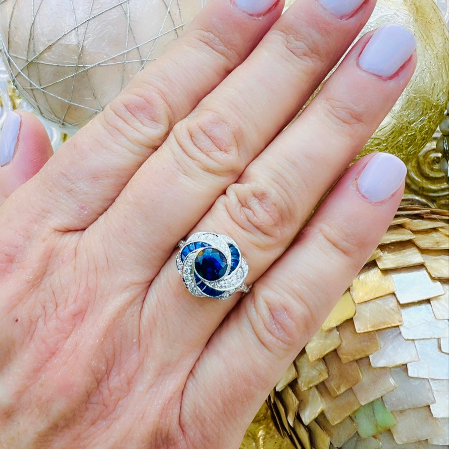 Unique Art Deco Inspired Sapphire & Diamond 18k Ring