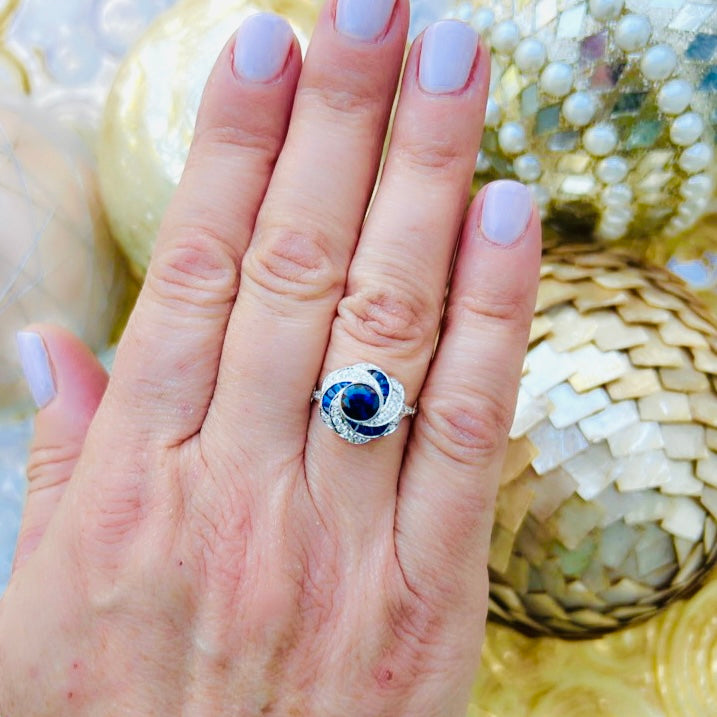 Unique Art Deco Inspired Sapphire & Diamond 18k Ring