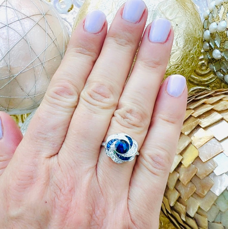 Unique Art Deco Inspired Sapphire & Diamond 18k Ring