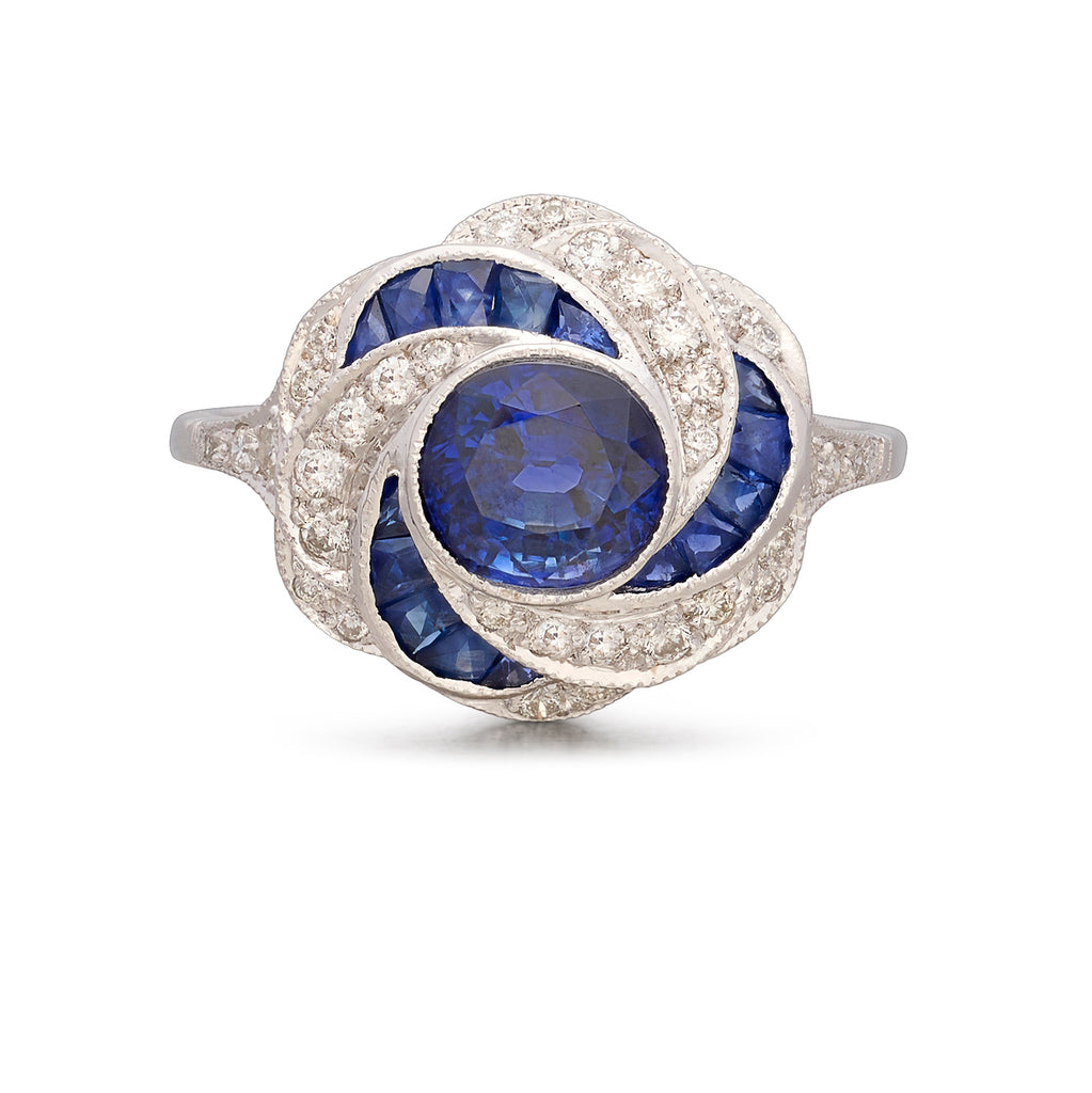 Unique Art Deco Inspired Sapphire & Diamond 18k Ring