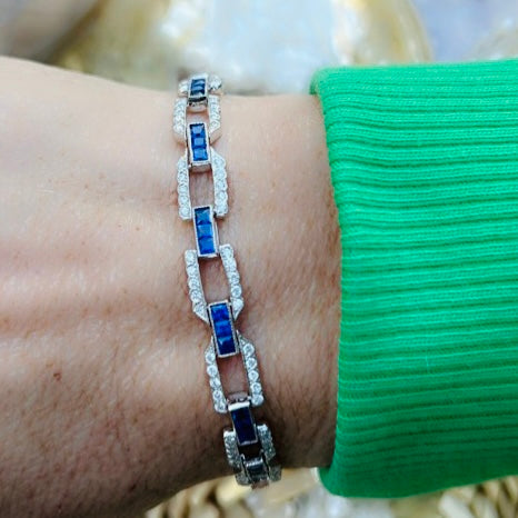 Art Deco Style Sapphire & Diamond 18k White Gold Bracelet