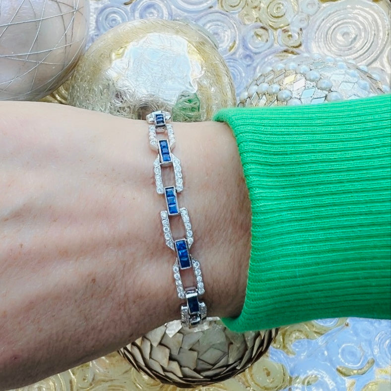 Art Deco Style Sapphire & Diamond 18k White Gold Bracelet