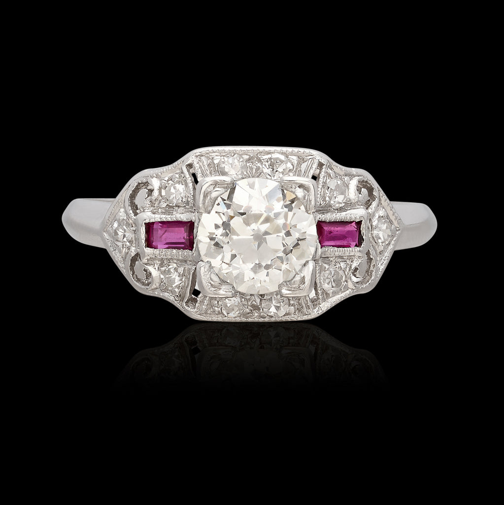 Art Deco Old Euro Cut Diamond & Ruby Ring