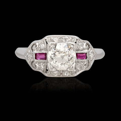 Art Deco Old Euro Cut Diamond & Ruby Ring