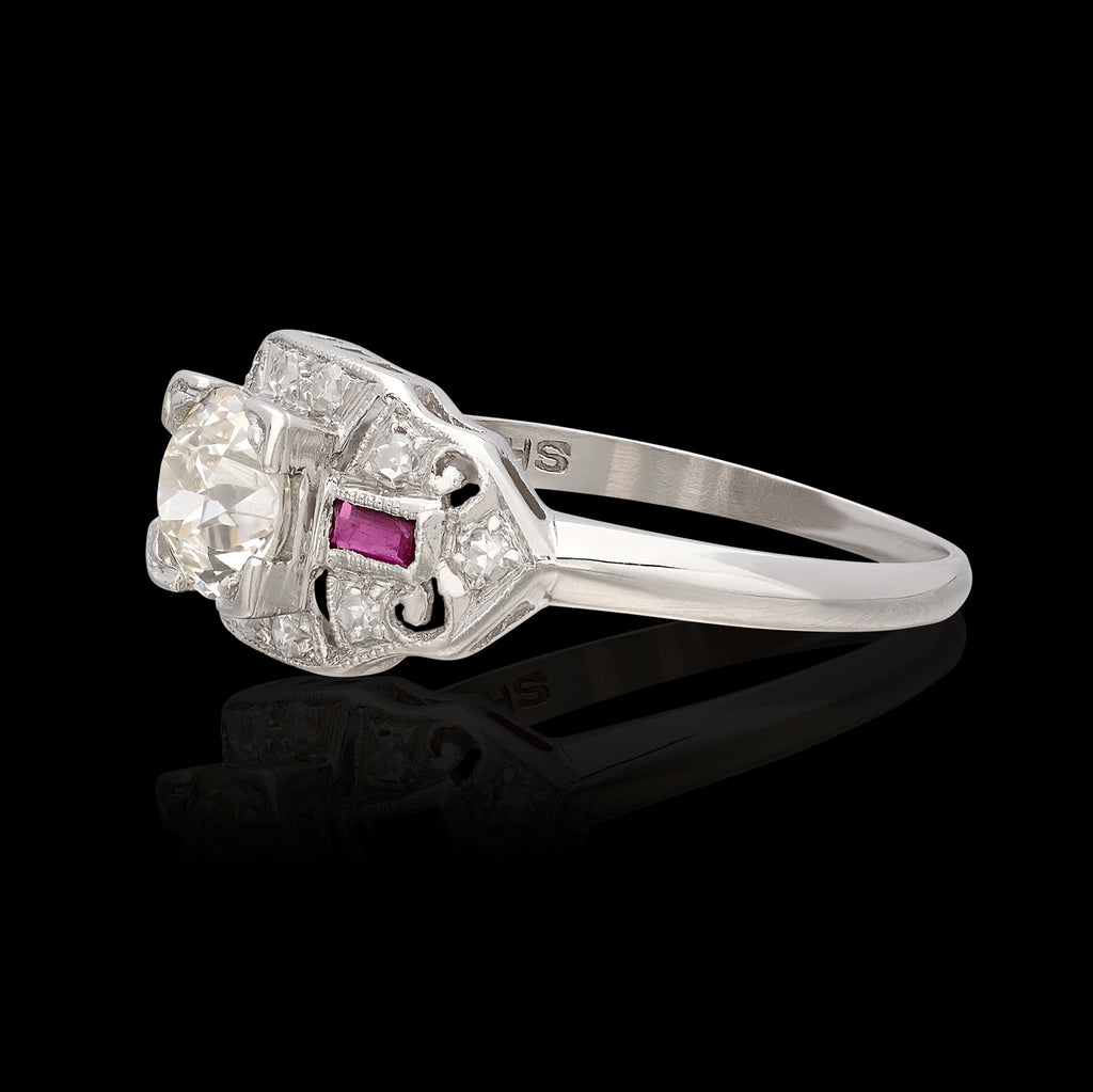 Art Deco Old Euro Cut Diamond & Ruby Ring