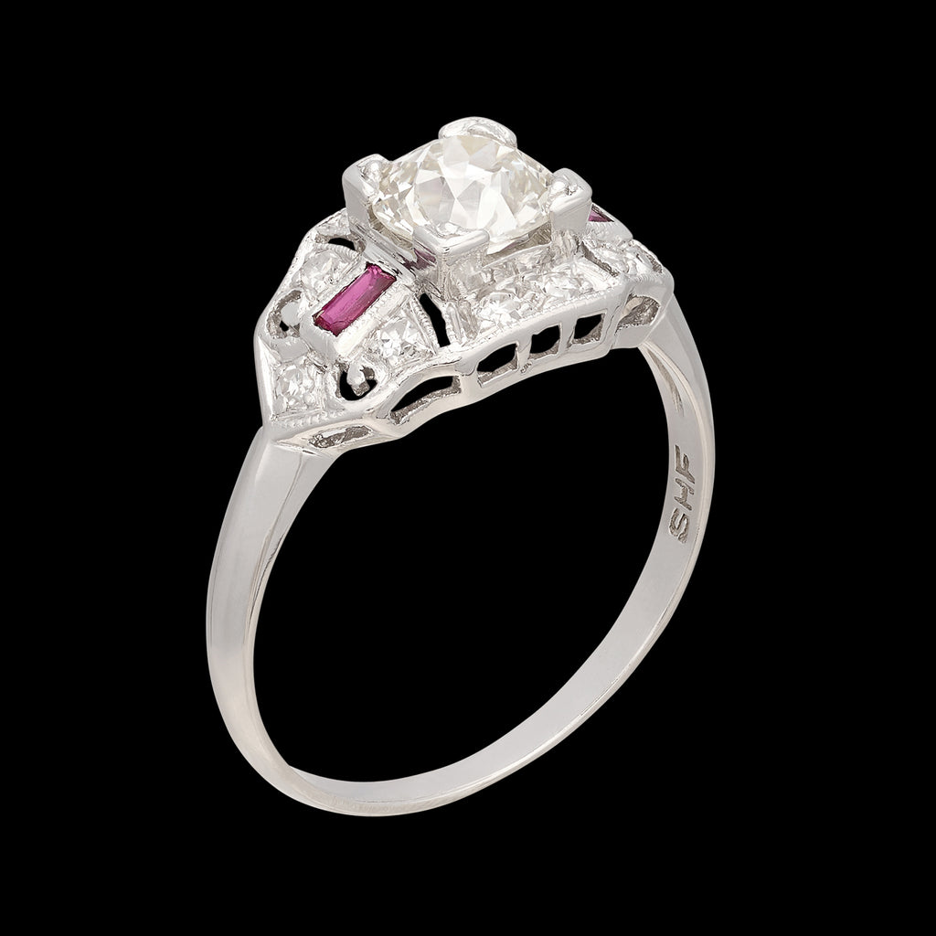 Art Deco Old Euro Cut Diamond & Ruby Ring
