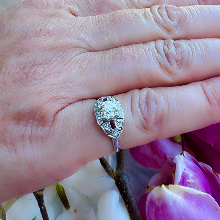 Art Deco Old Euro Cut Diamond & Ruby Ring
