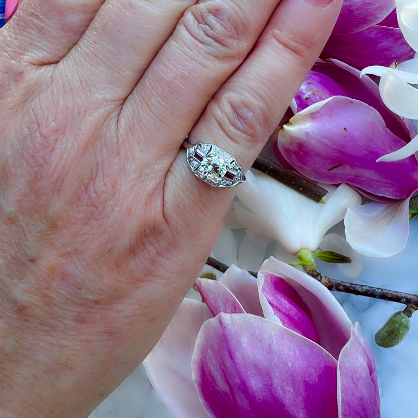 Art Deco Old Euro Cut Diamond & Ruby Ring