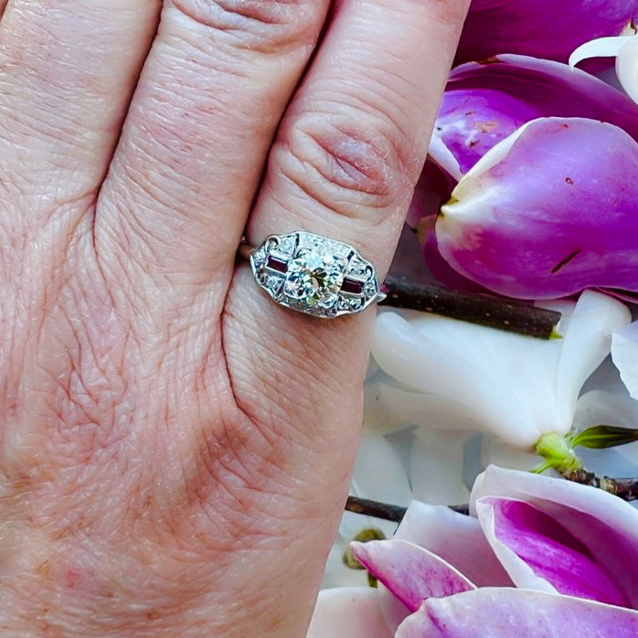 Art Deco Old Euro Cut Diamond & Ruby Ring