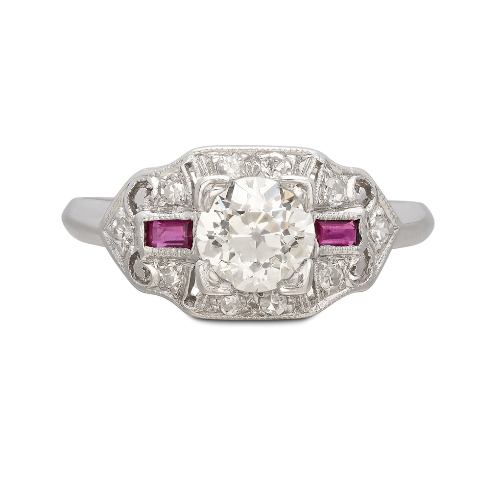 Art Deco Old Euro Cut Diamond & Ruby Ring
