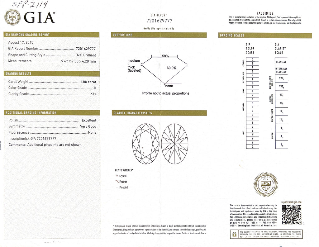 Platinum GIA 1.80 D/SI1 Oval Diamond Ring