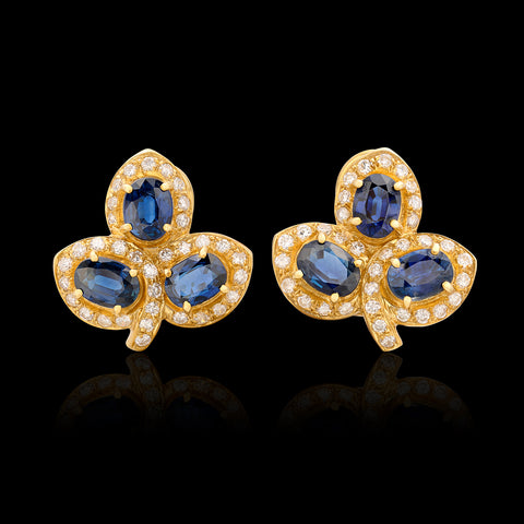 Unique Sapphire & Diamond 18kt Yellow Gold Estate Earrings