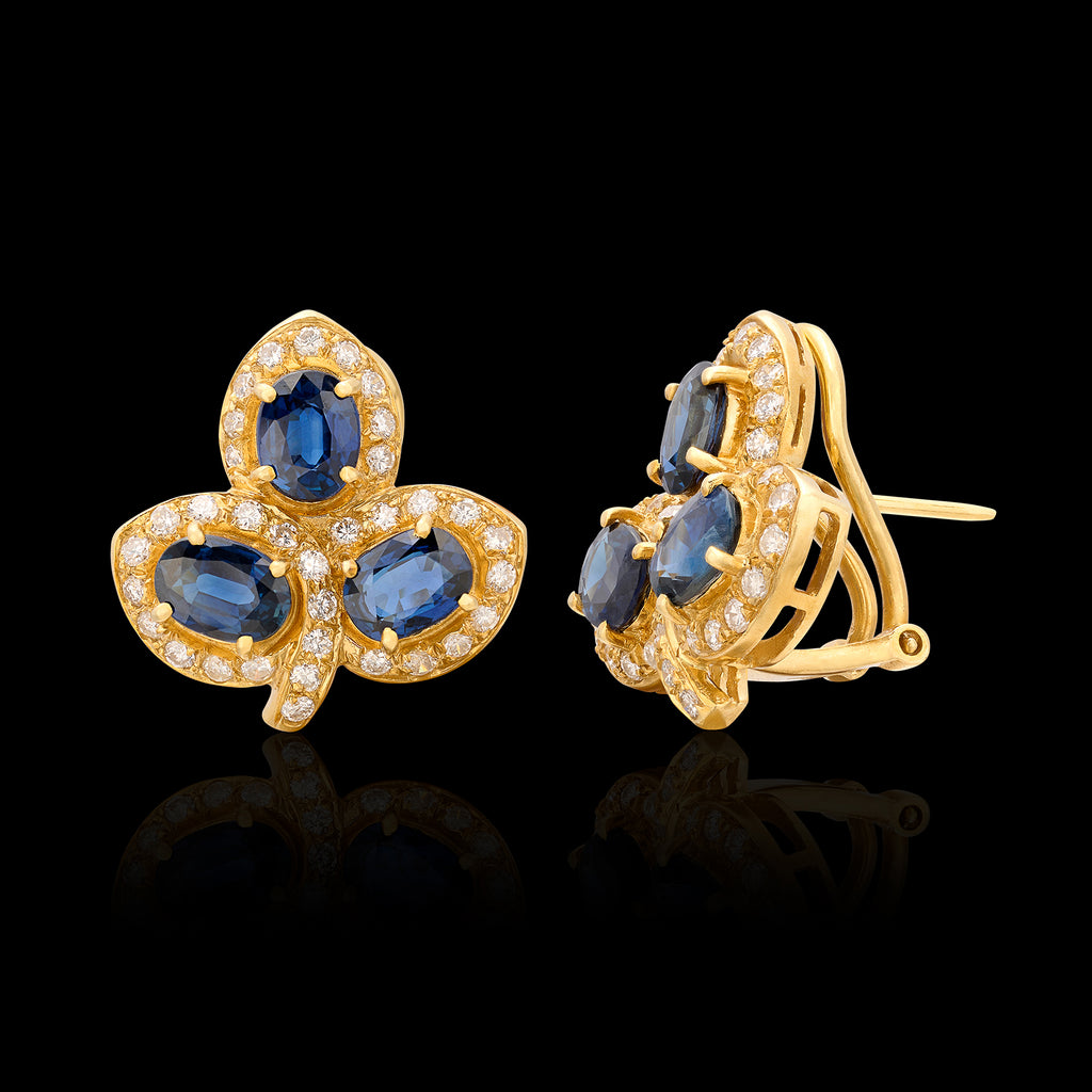 Unique Sapphire & Diamond 18kt Yellow Gold Estate Earrings