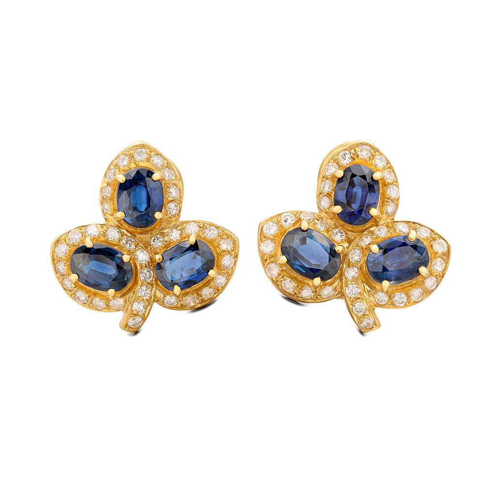 Unique Sapphire & Diamond 18kt Yellow Gold Estate Earrings