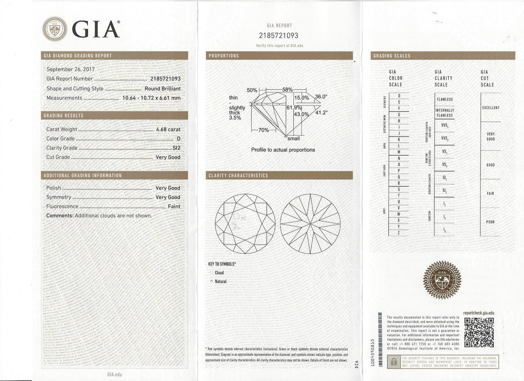 GIA 4.68 carat D/SI2 Round Brilliant Cut Diamond