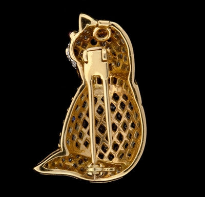 Sapphire, Diamond Cat Brooch Pendant1