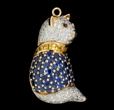 Sapphire, Diamond Cat Brooch Pendant