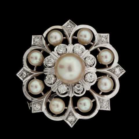 Snowflake Pearl & Diamond Brooch