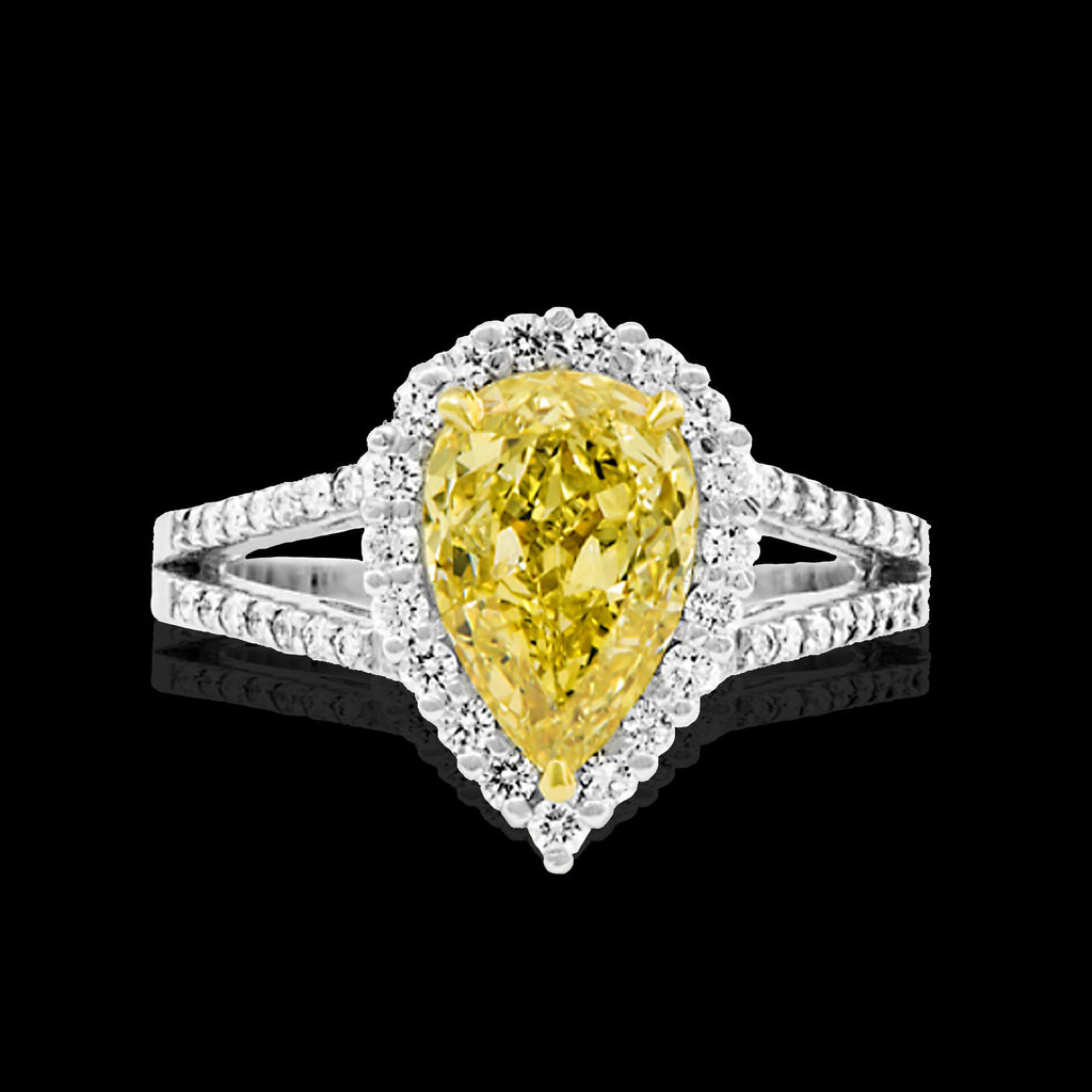 Incredible 1.77ct Fancy Yellow Pear Shaped Diamond Halo Ring