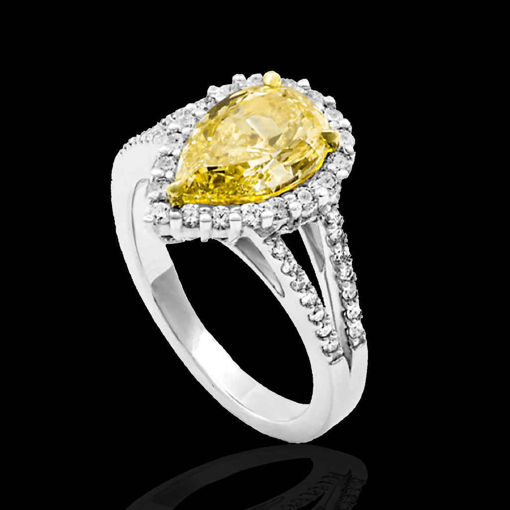 Incredible 1.77ct Fancy Yellow Pear Shaped Diamond Halo Ring
