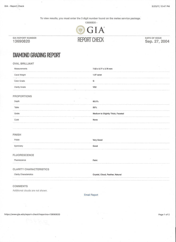 GIA 1.07-ct G/VS2 Oval Brilliant Loose Diamond