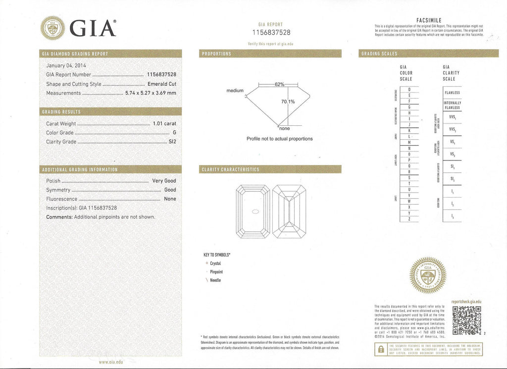 GIA 1.01-ct G/SI2 Emerald Cut Loose Diamond