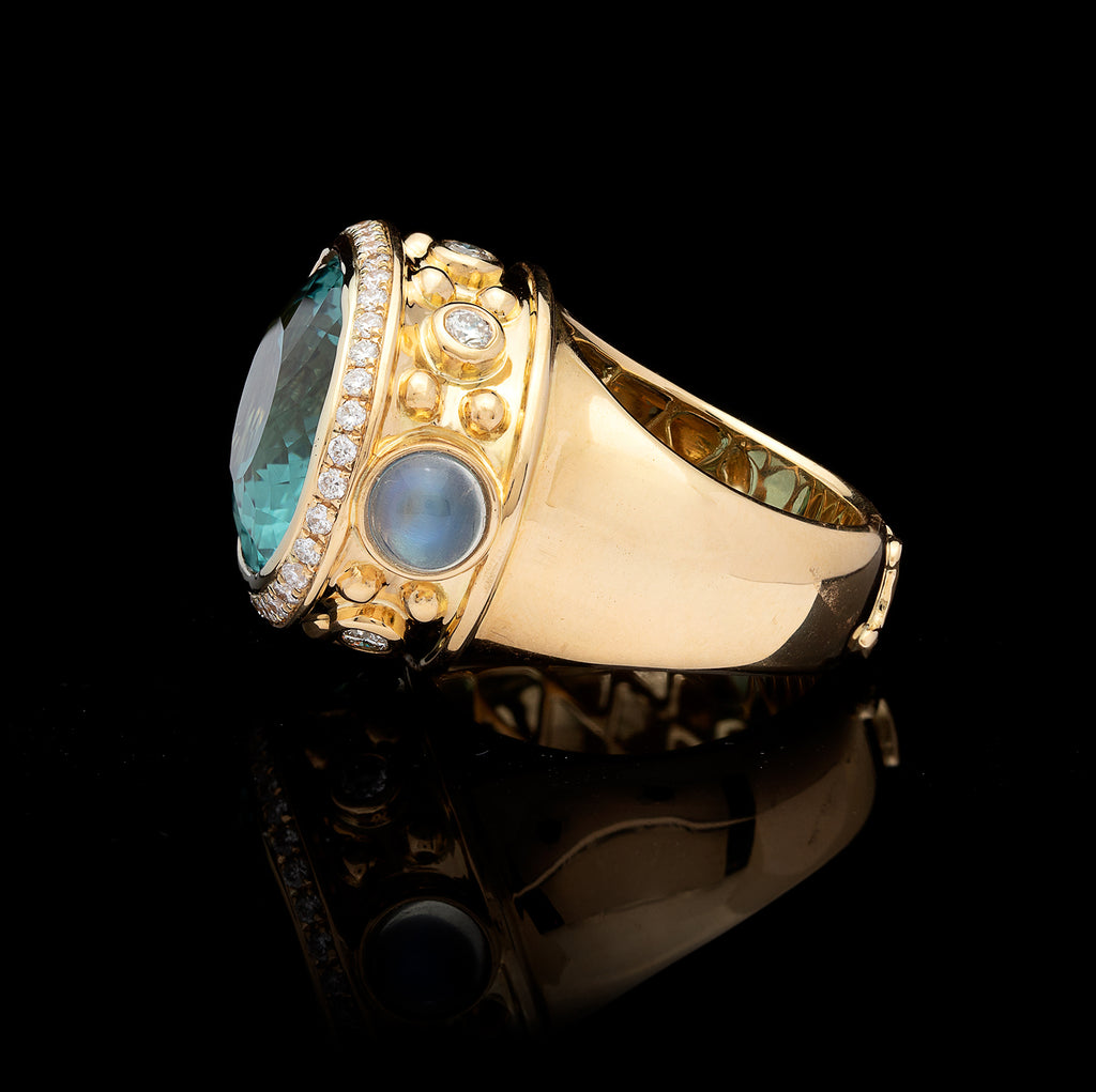 Impressive Blue Topaz, Moonstone & Diamond Ring