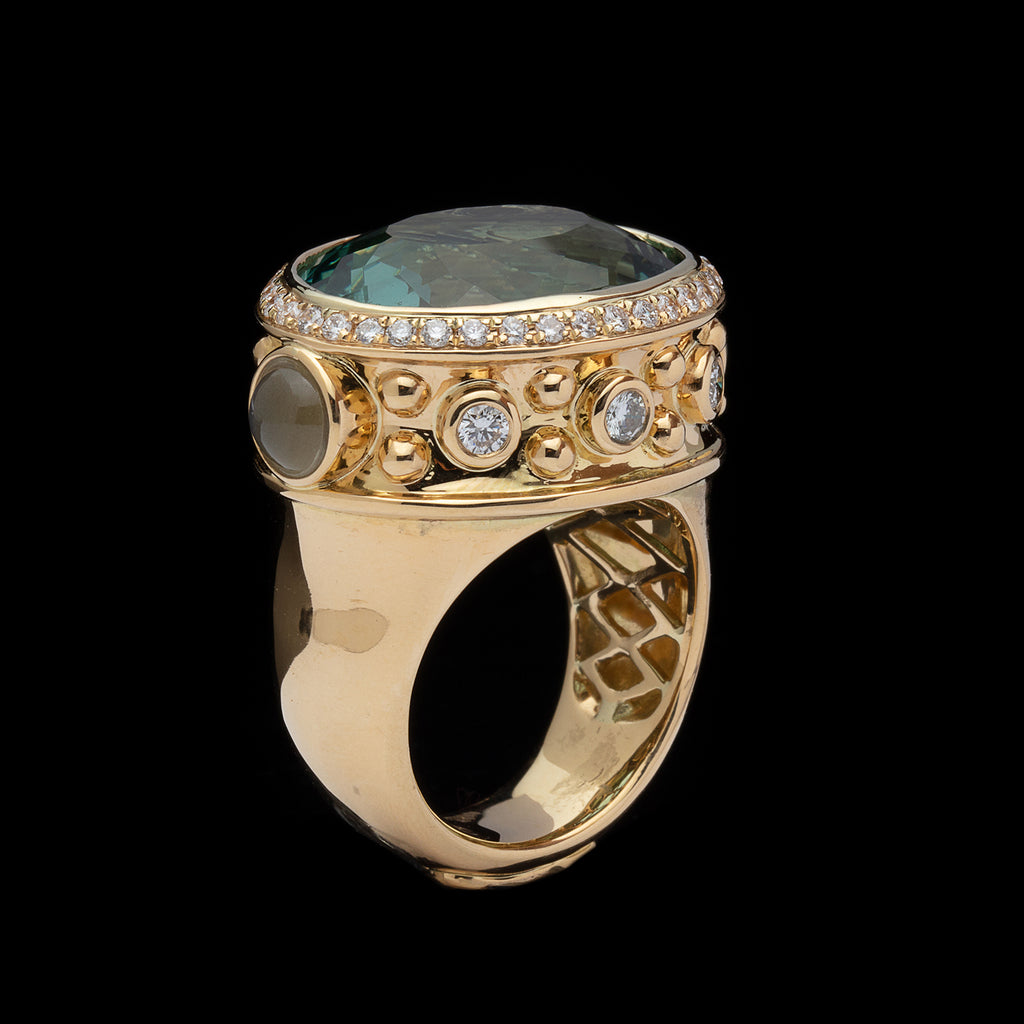 Impressive Blue Topaz, Moonstone & Diamond Ring